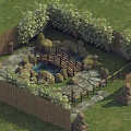Japanese Garden Landscape With Bamboo Fence Wooden Bridge Pond Stones And Green Plants