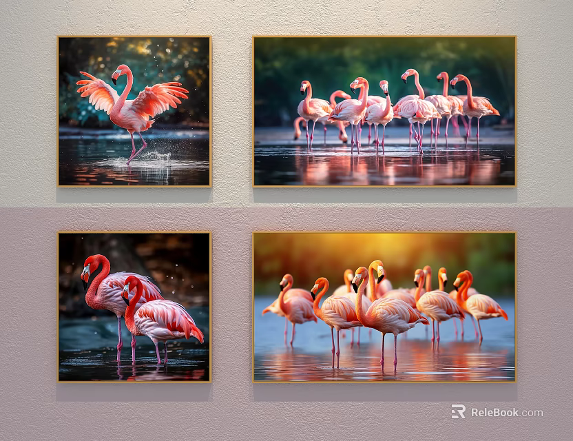 Vibrant Flamingo Animal Paintings Featuring Standing And Flying Birds In Water Reflections 3d model 