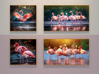 Vibrant Flamingo Animal Paintings Featuring Standing And Flying Birds In Water Reflections 3d model