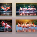 Vibrant Flamingo Animal Paintings Featuring Standing And Flying Birds In Water Reflections