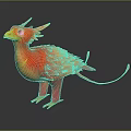 Vibrant Red Orange Phoenix With Yellow Crest Tail Feathers Standing On Black Surface 3d model
