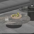 Modern Round Marble Coffee Table With Wooden Tray Green Apples And White Cup In Interior