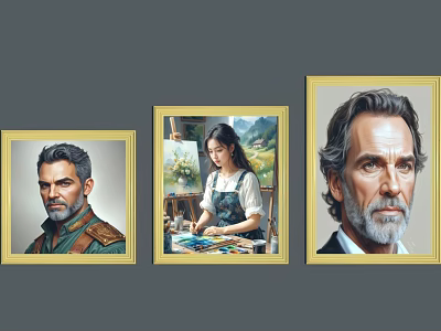 Portrait Paintings With Three Framed Artworks Female Painter And Male Portraits In Golden Frames 3d model