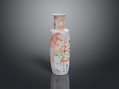 Traditional Ceramic Sculpture Carving Vase With Painted Female Figures And Architecture 3d model
