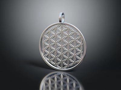 Silver Circular Jewelry Pendant With Delicate Geometric Floral Pattern And Shiny Surface 3d model