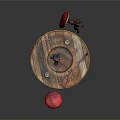 Rustic Round Wooden Table With Red Stool Cups Knife And Fishing Rod