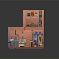 Cartoon Scene 3D Room Model With Two Floors Pink Walls Sofa Table Kitchen Bathroom Items
