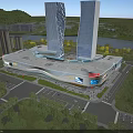 Modern Commercial Complex with Modern Architecture Skyscrapers Shopping Plaza Greenery and River View