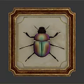Metallic Beetle With Iridescent Green And Purple Shell In Gold Framed Display On Light Background