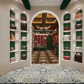 Luxury Bag Boutique Interior Featuring Green White Shelves Colorful Bags Arched Design And Patterned Floor