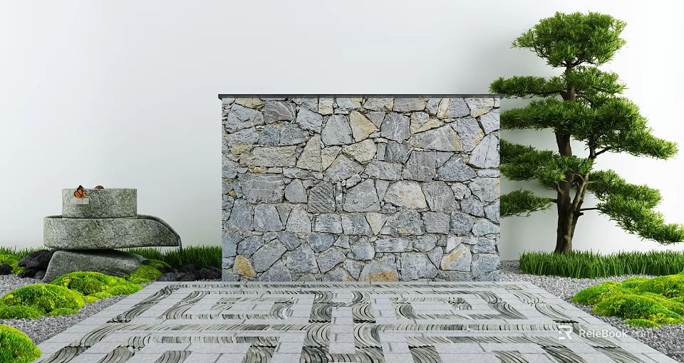 Garden Feature Wall With Gray Stone Green Plants And Pine Tree On Patterned Paved Ground 3d model