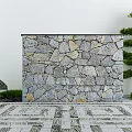 Garden Feature Wall With Gray Stone Green Plants And Pine Tree On Patterned Paved Ground 3d model