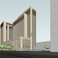 Modern High Rise Office Building With Glass Curtain Walls And Symmetrical Facade Design