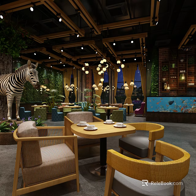 Tropical Themed Café Interior With Zebra Sculpture Green Plants Chandeliers Wooden Ceiling And Chairs 3d model 