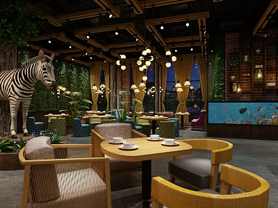 Tropical Themed Café Interior With Zebra Sculpture Green Plants Chandeliers Wooden Ceiling And Chairs 3d model