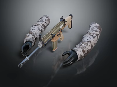 Camouflage Covered Tactical Rifle Featuring Black Gloves Extended Barrel And Magazine 3d model