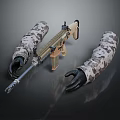 Camouflage Covered Tactical Rifle Featuring Black Gloves Extended Barrel And Magazine