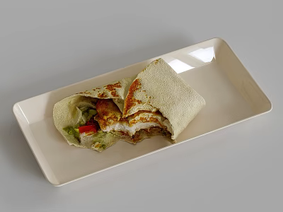 Delicious Sliced Burrito With Fresh Vegetables And Meat On White Plate 3d model