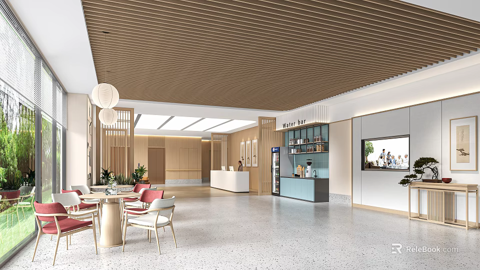 Modern Hotel Lobby Interior Design With Wooden Slatted Ceiling Reception Desk And Pendant Lights 3d model 