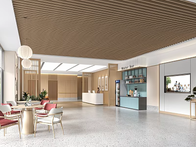 Modern Hotel Lobby Interior Design With Wooden Slatted Ceiling Reception Desk And Pendant Lights 3d model