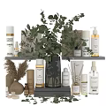 Daily Skincare And Bath Essentials On Organized Shelf With Eucalyptus Plant And Pampas Grass
