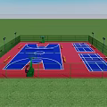 Outdoor Basketball Court with Green Fence Red Blue Surface Basketball Hoops and Lighting Poles