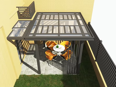 Modern Villa Balcony With Glass Roof Table Chairs Stone Floor And Railing 3d model