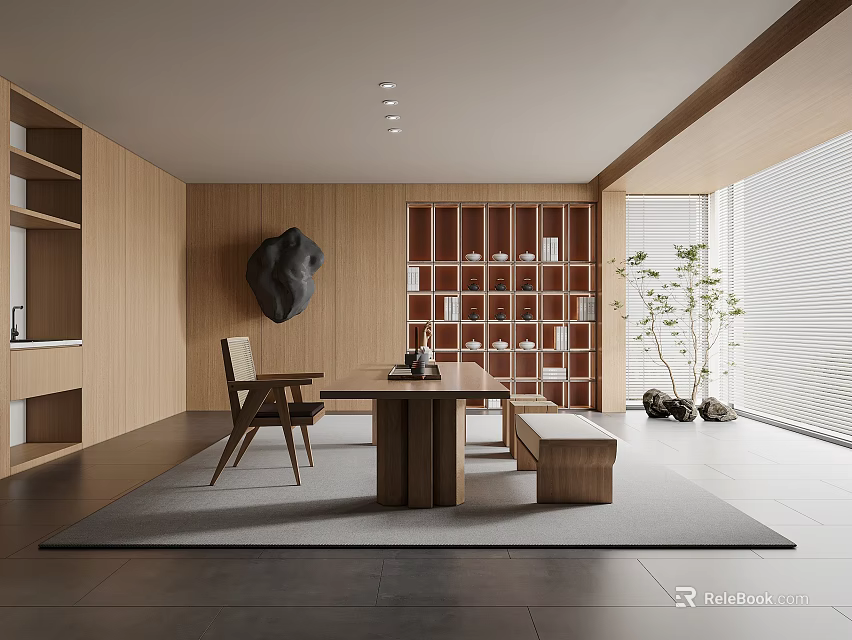 Modern Minimalist Tea Room Interior With Wooden Walls Bookshelf Table And Plant 3d model 