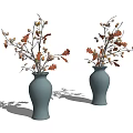 Two Silver Vases with Decorative Branches and Orange Leaves on White Background 3d model