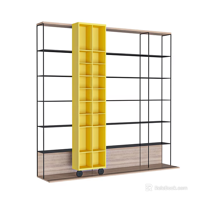 Modern Storage Shelving Unit with Black Metal Frame Yellow Mobile Shelf and Wooden Base 3d model 