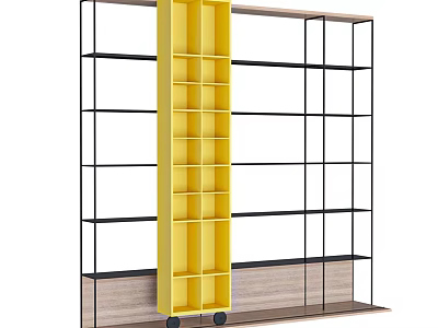 Modern Storage Shelving Unit with Black Metal Frame Yellow Mobile Shelf and Wooden Base 3d model