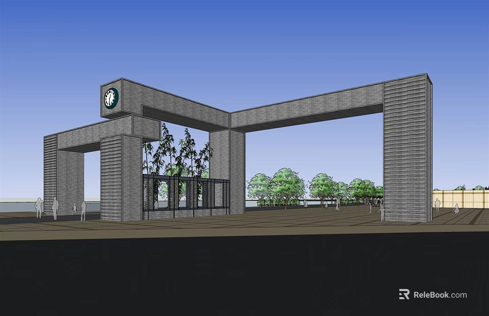 Modern Entrance Gate With Brick Structure Circular Logo Side Pillars And Front Trees 3d model 