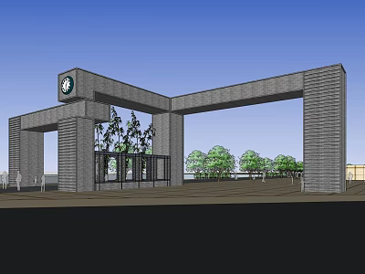 Modern Entrance Gate With Brick Structure Circular Logo Side Pillars And Front Trees 3d model