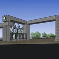 Modern Entrance Gate With Brick Structure Circular Logo Side Pillars And Front Trees