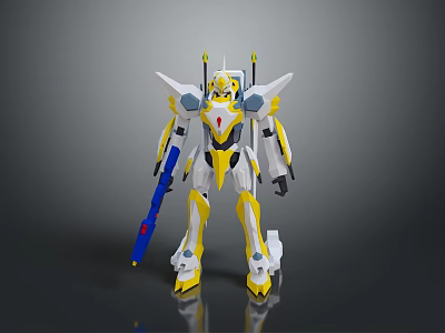Game And Movie Character Mechanical Robot Design With Yellow White Armor And Blue Weapon 3d model