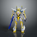 Game And Movie Character Mechanical Robot Design With Yellow White Armor And Blue Weapon 3d model