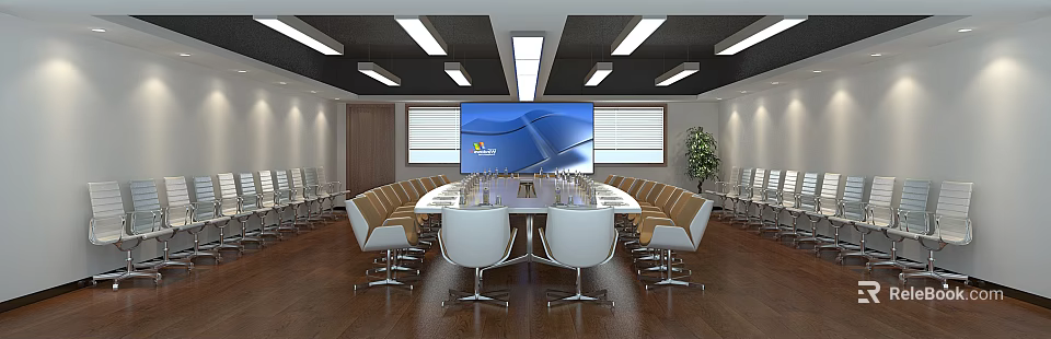 Modern Conference Room With Oval Table Large Screen Comfortable Chairs And Lighting 3d model