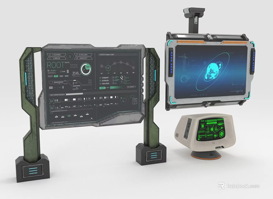 Futuristic Computer Displays With Sci Fi Interface Large Stand Small Round Base Earth Orbit Screens 3d model 