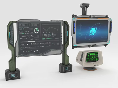 Futuristic Computer Displays With Sci Fi Interface Large Stand Small Round Base Earth Orbit Screens 3d model
