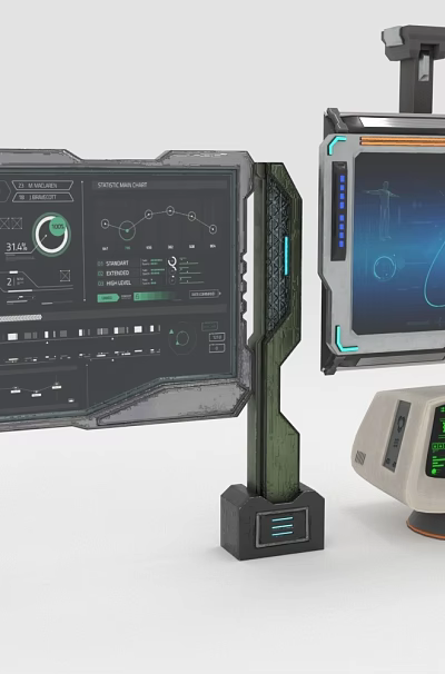 Futuristic Computer Displays With Sci Fi Interface Large Stand Small Round Base Earth Orbit Screens 3d model