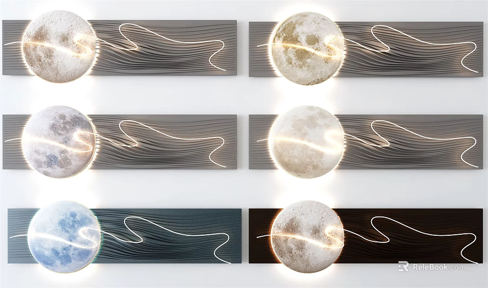 Modern Moon Phase Wall Decor with Wavy Lines and Wooden Panels 3d model