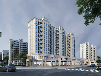 Modern High Rise Residential Building With Balconies Ground Floor Retail And Street Trees 3d model