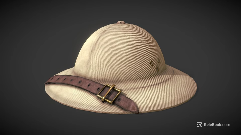 Beige Adventure Style Hat With Wide Brim Brown Leather Strap And Metal Buckle 3d model 