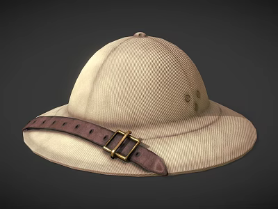Beige Adventure Style Hat With Wide Brim Brown Leather Strap And Metal Buckle 3d model