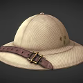 Beige Adventure Style Hat With Wide Brim Brown Leather Strap And Metal Buckle