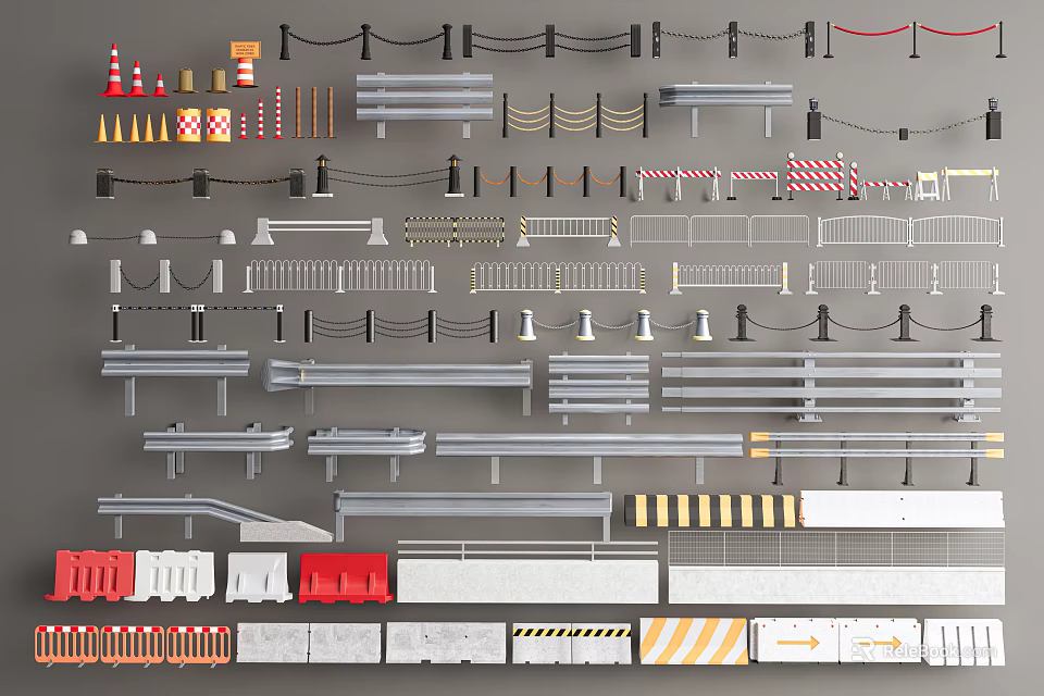 Different Styles of Safety Fences and Traffic Barriers with Metal Plastic and Concrete Materials 3d model 