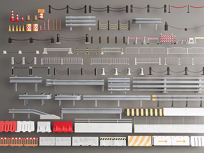 Different Styles of Safety Fences and Traffic Barriers with Metal Plastic and Concrete Materials 3d model