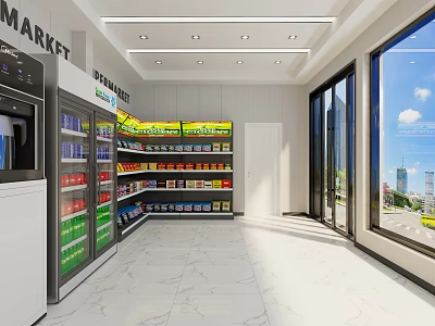 Modern Supermarket Interior With Shelves Full Of Products Refrigerators Bright Lighting And Windows 3d model