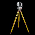 Industrial Surveying Equipment Three Yellow Tripod Mounted Measuring Tools On Concrete