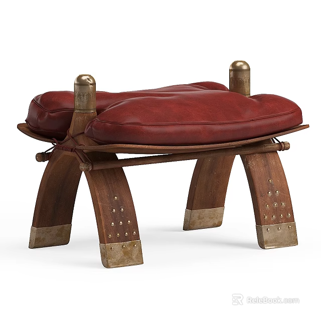 Wooden Sofa Bench With Red Leather Cushion Curved Legs And Metal Accents 3d model 